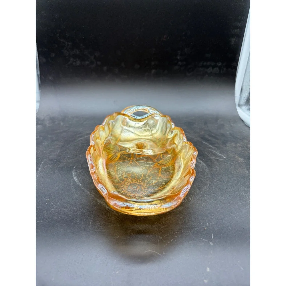 Vintage Marigold Carnival Glass Sunflower Relish Dish Iridescent Amber Bowl‎